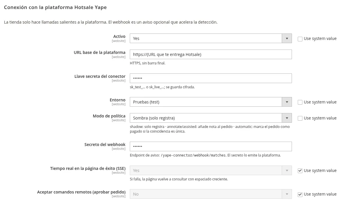 Configuración del conector en el admin de Magento