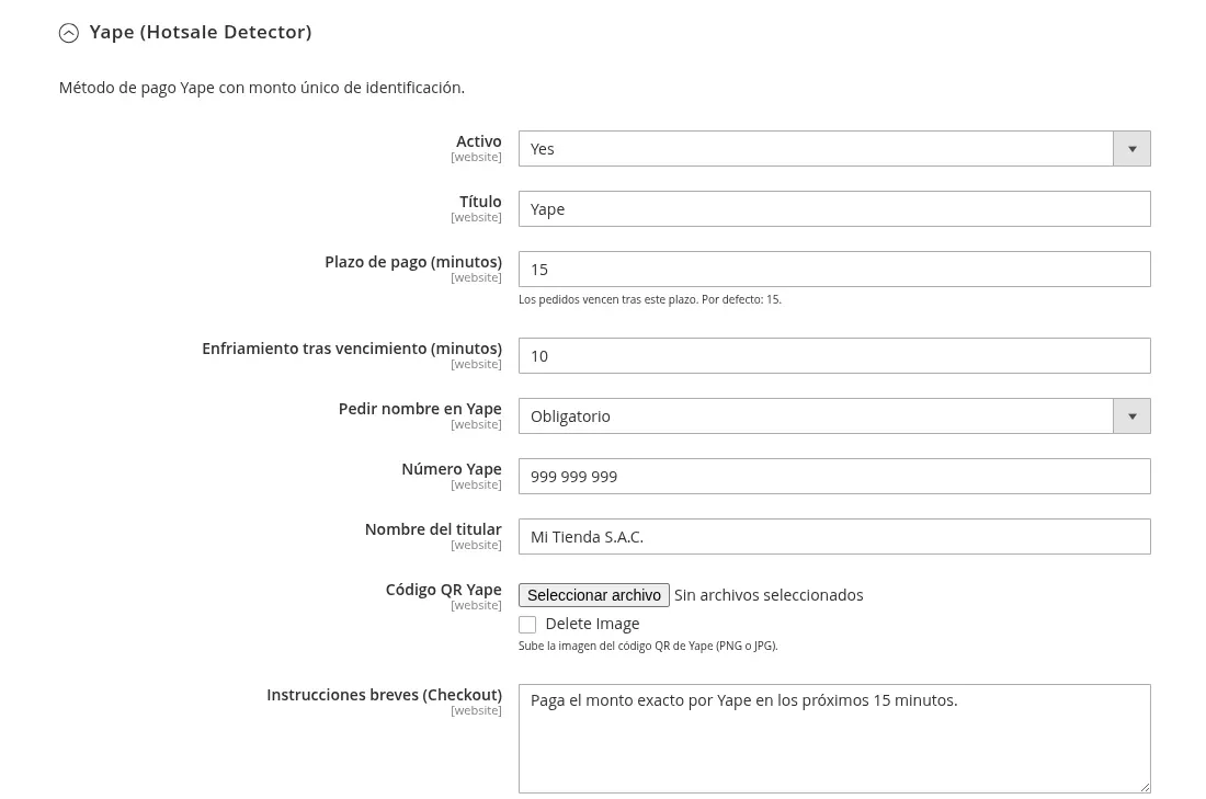 Yape payment method settings in the Magento admin, part one