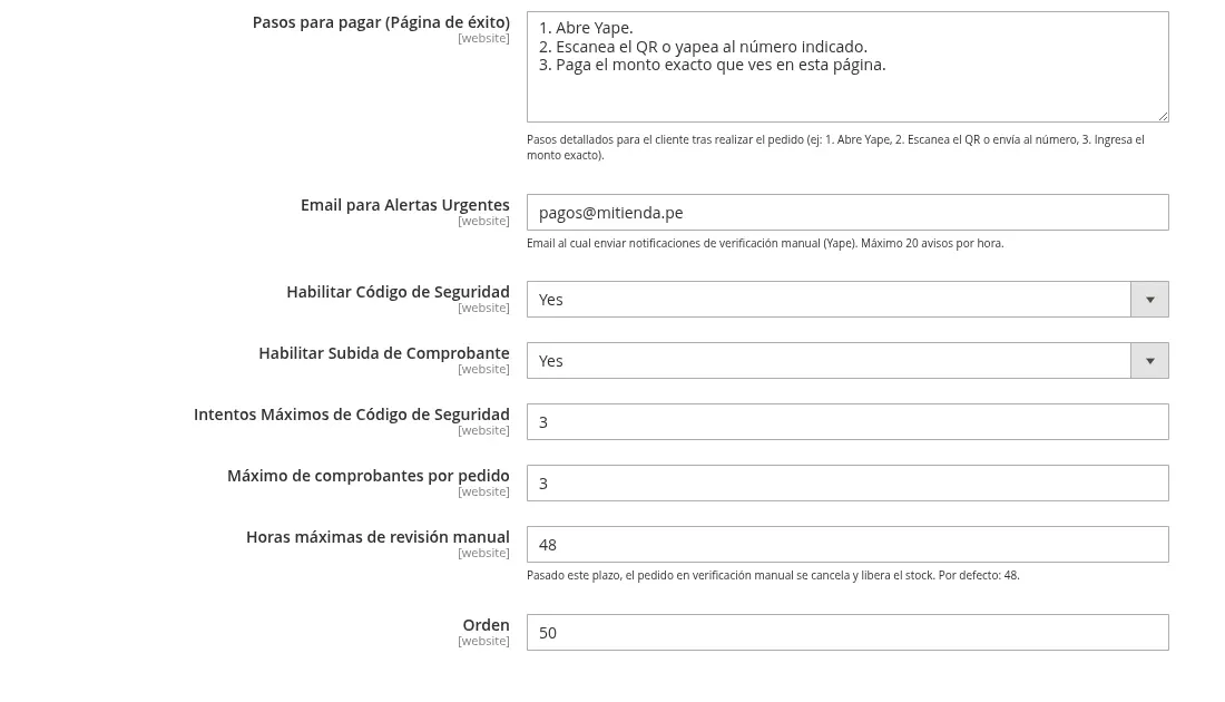 Yape payment method settings in the Magento admin, part two